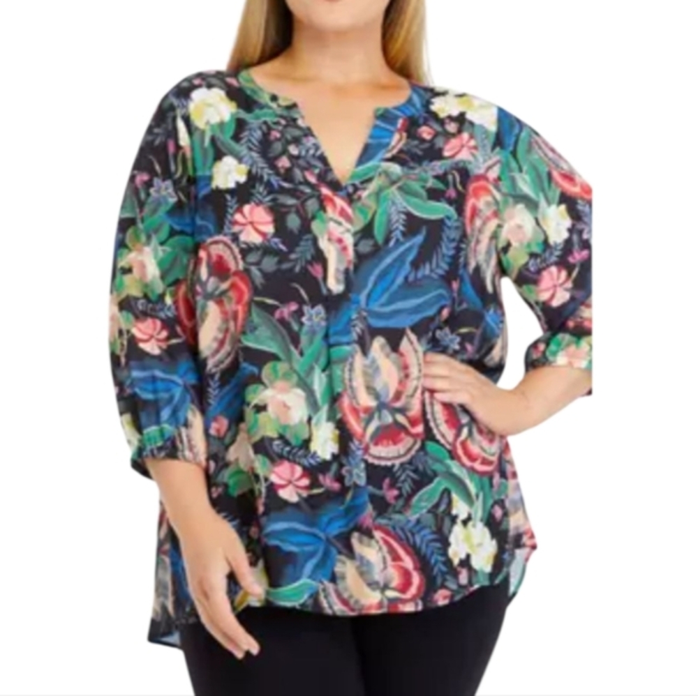 Tahari Floral Print Black Blue Pink Women's Top Plus Size 2X New - Picture 1 of 11